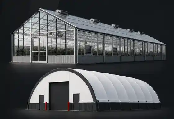 Illustrative rendering of a commercial greenhouse and fabric-covered storage building